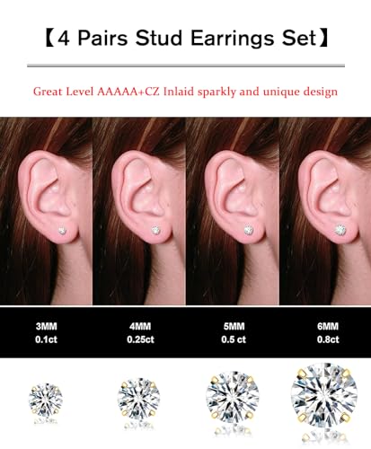 Gold Studs Earrings for Women Men,Hypoallergenic 14K Gold Plated 316L Stainless Steel Earrings Studs 3-4-5-6mm Cubic Zirconia Simulated Diamond Round CZ Ear(4Pairs-Gold)