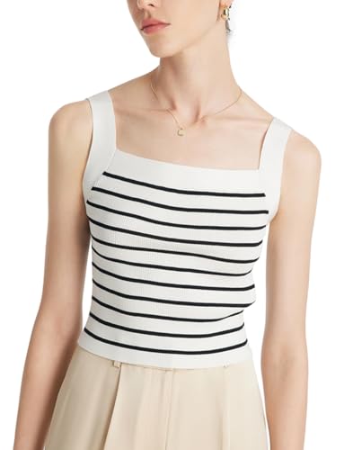 GOELIA Striped Tank Top Women Knit Sweater Vest Sleeveless Cute Ribbed Crop Top Women's Square Neck Summer Ribbed Knit Tank Top Business Casual Slim Fitted Striped Tops