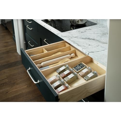 Rev-A-Shelf 16" 3 Tiered Seasoning Organizer, Trim-to-Fit Wooden Kitchen Draw and Cabinet Home Storage Insert, Pull Out Spice Rack, Maple, 4SDI-18