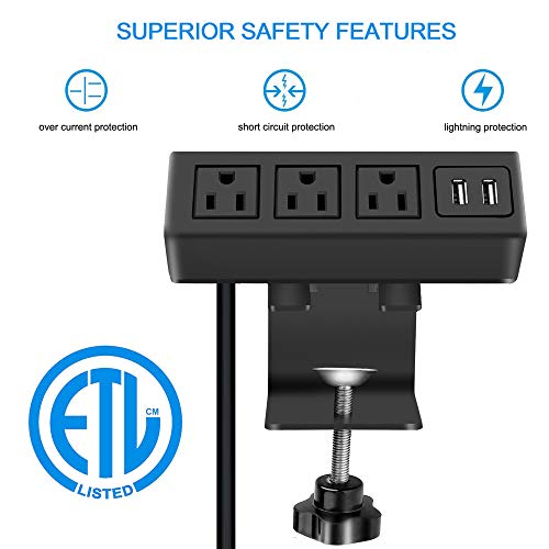 CCCEI 3 Outlet Desk Clamp Power Strip with USB Ports, Desktop Power Strip Surge Protector 1200J. Desk Mount Charging Power Station, on Desk Edge Power Outlet 125V 12A 1500W.