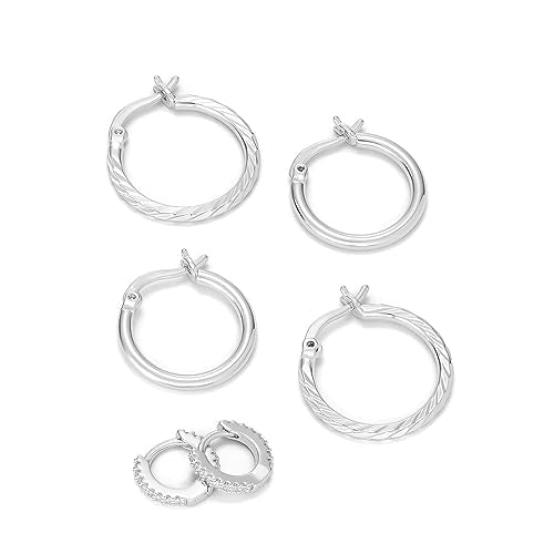 Amazon Essentials Silver Plated Cubic Zirconia Huggie, Polished Hoop and Diamond Cut Hoop Earring Set