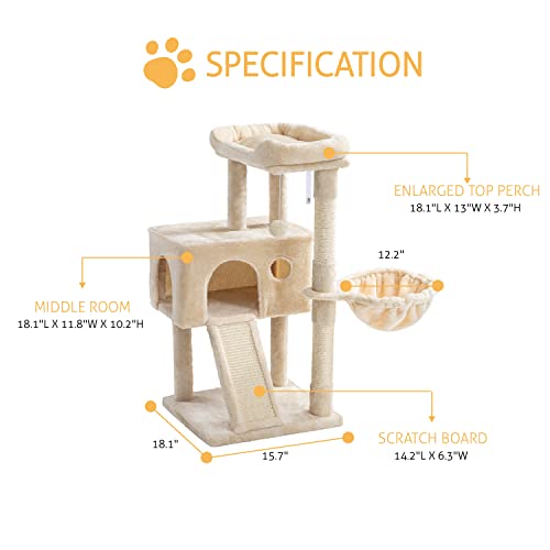 SHA CERLIN Cat Tree 36 Inches Cat Tower with Cat Hammock, Sisal Scratching Post for Indoor Cats, Small Room, Beige