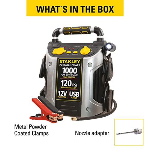 STANLEY J5C09 Portable Power Station Jump Starter 1000 Peak Amp Battery Booster, 120 PSI Air Compressor, USB Port, Battery Clamps