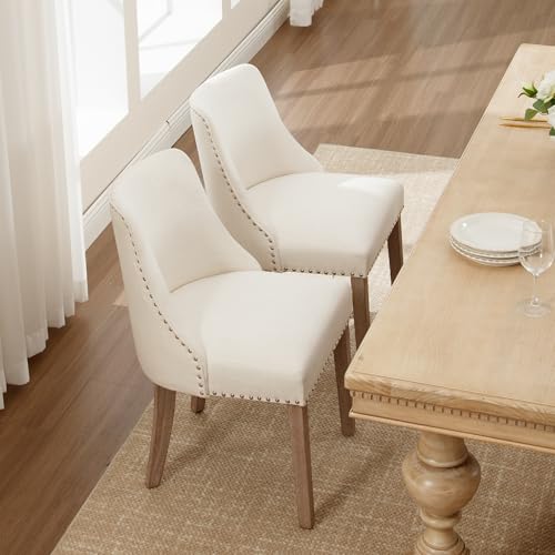 DM Furniture Mid Century Modern Dining Chairs Set of 2 Upholstered Linen Fabric Accent Chairs Wooden Side Chair for Living Room/Dining Room/Bedroom, Cream