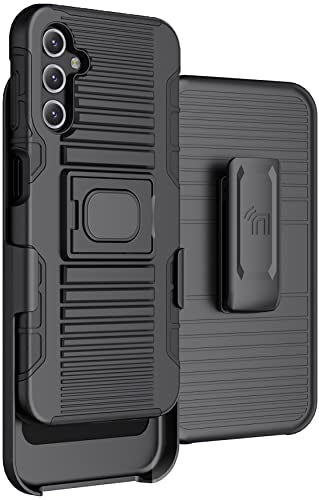 Case with Clip for Galaxy A14 5G (2023), Nakedcellphone Rugged Ring Grip Cover with Stand and [Belt Hip Holster] for Samsung SM-A146 - Black