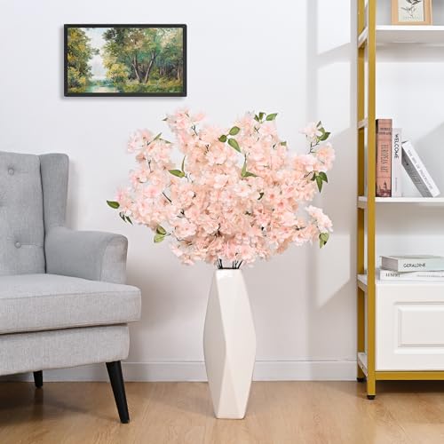 Sunm Boutique White Cherry Blossom Flowers, Artificial Cherry Blossom Decor Faux Cherry Blossom Branches Vase Arrangements for Wedding Home Party Kitchen Decor, Set of 3