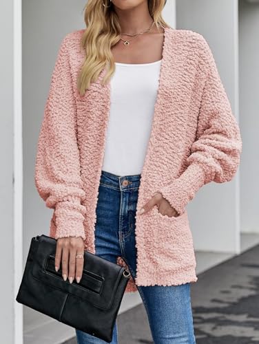 ZESICA Women's 2024 Fall Winter Popcorn Long Sleeve Open Front Chunky Knit Oversized Cardigan Sweater Coat,Orange,Large