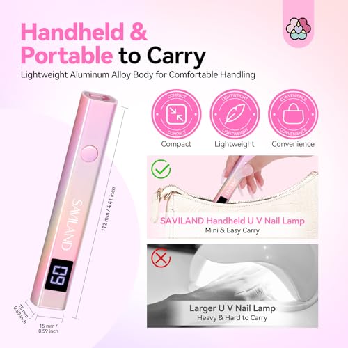 SAVILAND Handheld U V Light for Nails: 12W Portable Mini UV Light for Gel Nail 3 Timer Setting LED Nail Lamp 400mAh Rechargeable Type-c USB LCD Display Screen Nail Dryer for Home Personal DIY Self Use