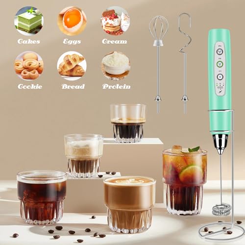 ODIFORGOO Rechargeable Milk Frother Handheld with Stand, Electric Foam Maker Coffee Frother Wand, Detachable With 3 Stainless Whisks, Drink Mixer for Lattes, Cappuccino, Matcha, Egg, Black