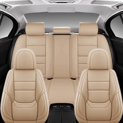 NS YOLO Full Coverage Car Seat Covers Universal Fit for Cars SUVs Pick-up Trucks with Waterproof Leatherette in Automotive Vehicle Interior Accessories (Beige, Front Pair(2 pcs))