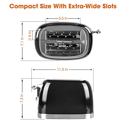 CROWNFUL 2-Slice Toaster, Extra Wide Slots Toaster, Retro Stainless Steel with Bagel, Cancel, Defrost, Reheat Function and 6-Shade Settings, Removal Crumb Tray, Black