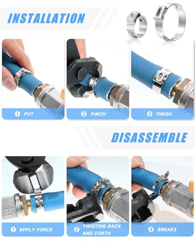 170 Pcs 304 Stainless Steel Single Ear Hose Clamp, 11 Sizes 1/4-1 Inch Constant Crimp Stepless Cinch Rings Crimp Assortment Kit with Ear Clamp Pincer for Water Pipe By PEROMI