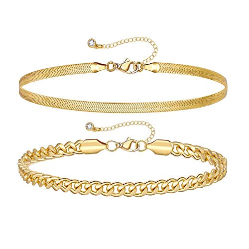 KissYan Gold Layered Ankle Bracelets for Women, Dainty 14k Gold Plated Layering Anklets Set Adjustable Fashion Cuban Link Snake Tennis Chain Ankles Summer Beach Foot Jewelry