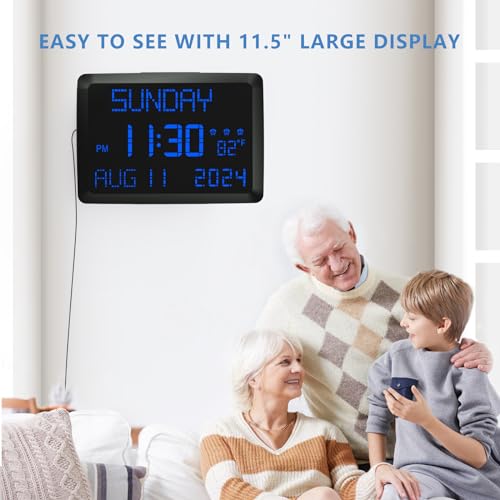Raynic Digital Clock, 11.5" Large Display Digital Wall Clock,Adjustable Brightness Calendar Clock with Day and Date, Indoor Temperature, Snooze,12/24H, DST for Home, Office, Elderly