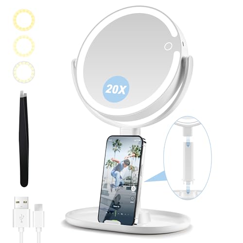 MIYADIVA Rechargeable 20X Magnifying Mirror with Light, Lighted Makeup Mirror with 20X/1X Magnification, 3 Colors Light and Adjustable Brightness, Double Sided Vanity Mirror with Light for Bedroom