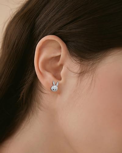 ENSKEFEN Cute Easter Earrings for Women Tiny CZ Rabbit Stud Earrings Funny Bunny Crystal Earrings Silver Rhinestone Earrings Holiday Gifts