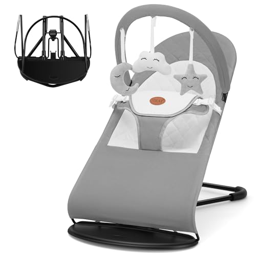 HKAI Baby Bouncer, Portable Baby Bouncer Seat for Babies 0-18 Months, 100% Cotton Fabrics, 3 Modes of use with Rocker and Stationary Options, Infant Rocker Chair with Hanging Toys-Dark Grey