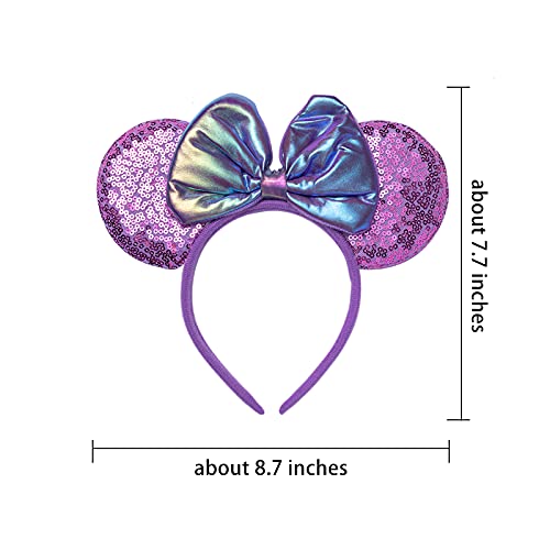 ZYTJ 2 Pcs Mouse Ears Headbands,Shiny Bows Mouse Ears Headbands for Birthday Parties, Themed Events, A Perfect Addition to Your Trip Essentials and Accessories for Women allpurple