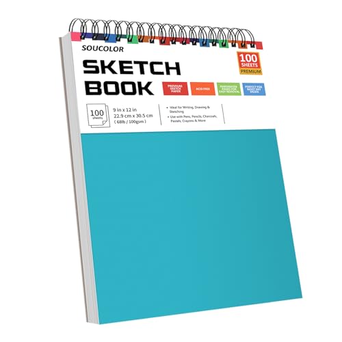 Soucolor School Supplies 9" x 12" Sketch Book for High College School Teacher Student, 1-Pack 100 Sheets Spiral Bound Art Sketchbook, Acid Free (68lb/100gsm) Artist Blank Book for Kids, Back to School