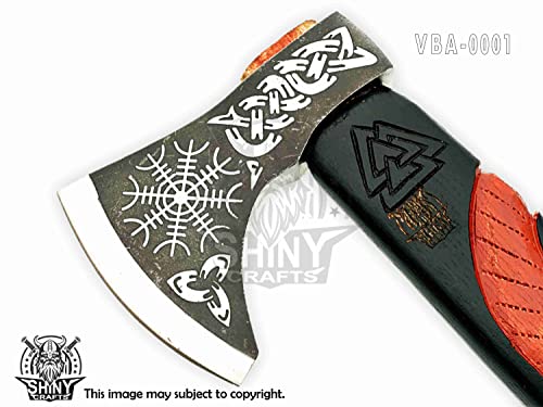 SHINY CRAFTS-Viking axe bearded axe tomahawk birthday gifts-Viking Axe Real, Bearded Axe Real Hatchet Russian Valknut Wood Working Tool with Premium Leather Sheath (SCA-10)