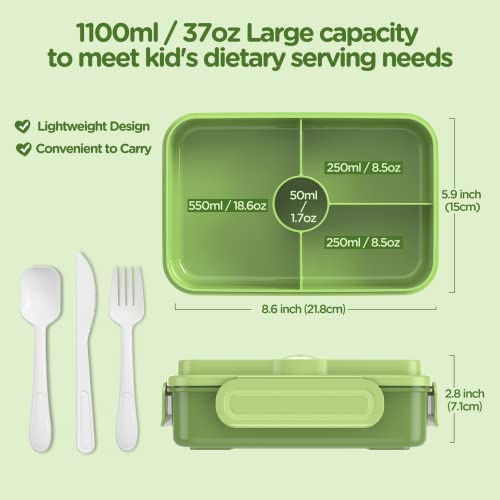 Jelife Bento Box Kids Lunch Box - Large Bento-Style Leakproof with 4 Compartments Food Storage Container with Tableware for Kids Back to School, Reusable On-the-Go Meal and Snack Packing, Green