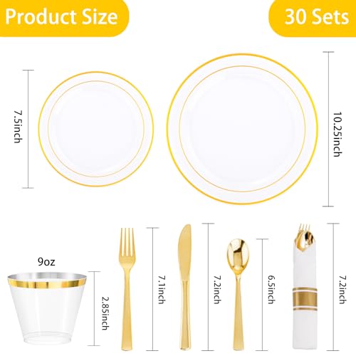 DaYammi 210PCS Clear Gold Plastic Dinnerware Set for 30 Guests, Fancy Disposable Plates for Party, Include: 30 Dinner Plates, 30 Dessert Plates, 30 Pre Rolled Napkins with Gold Silverware, 30 Cups