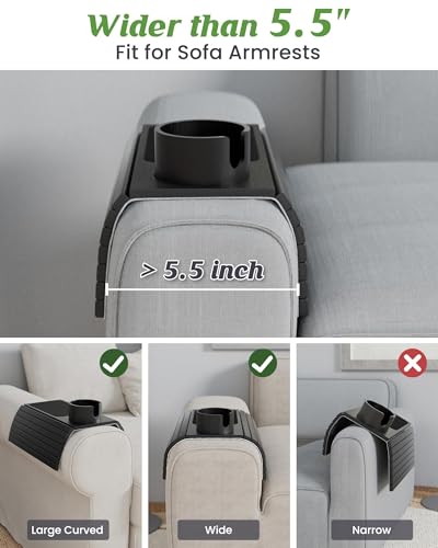 BS-VOG Couch Cup Holder, Couch Arm Tray with 360° Rotating Drink Holder, Foldable Anti-Slip Couch Arm Table, Sofa Armrest Tray Clip on Wide Couches for Eating, Snacks, Remote (Gray)