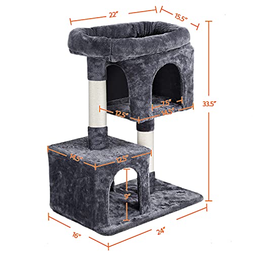 Yaheetech 33.5in Cat Tree Tower for Indoor Cats w/2 Cozy Plush Condos, Oversized Perch & Sisal Scratching Posts, Stable Cat Stand House for Large Cats & Pets