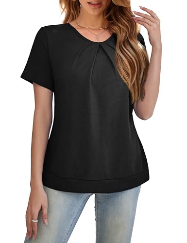 LIENRIDY Women's Short Sleeve Shirts Round Neck Loose Casual Summer Tops, Black, S