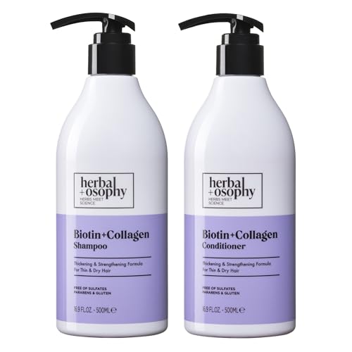 Herbalosophy Biotin & Collagen Shampoo & Conditioner Set, Hair Growth Thickening, Repair Dry, Damaged Hair Set, Infused with Vitamin B7 & Argan Oil, Sulfate, Parabens and Gluten Free, 2 x 16.9 Fl Oz