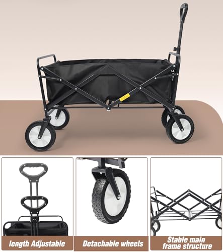 Collapsible Folding Outdoor Utility Wagon, Beach Wagon Cart with All Terrain Wheels & Drink Holders, Portable Sports Wagon for Camping, Shopping, Garden and Beach (Black/1 Year Warrant Extra Large)