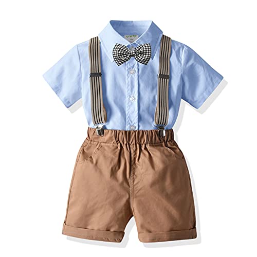 Carlstar Baby Boys Formal Set Little Boys Gentleman Outfit Suits, Short Shirt+Short Pants Set+Suspender+Bow Tie 4Pcs (Blue-1, 1T / 2T)
