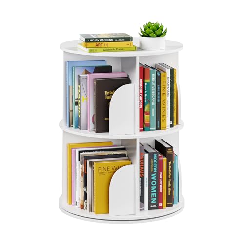 SpaceAid 2 Tier Rotating Bookshelf Tower, Spinning Bookcase Lazy Susan, Revolving 360 Book Shelf Storage Round Carousel, Vertical Rotate Turning Spiral Corner Organizer, White