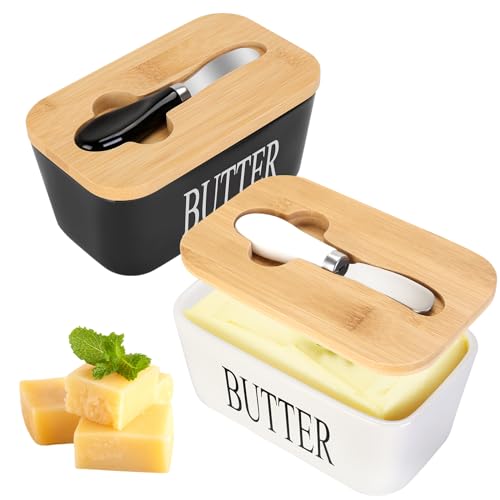 Vermida Butter Dish with Lid for Countertop, 2 Pack Ceramic Butter Container with Knife, Sturdy Butter Keeper with Bamboo Lid Holds 2 Sticks of West or East Coast Butter for Refrigerator, Black&White