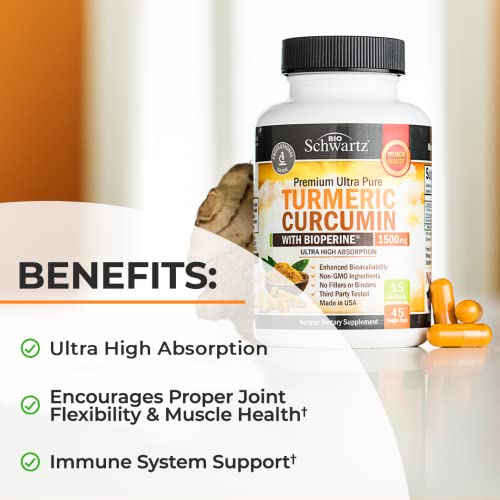 Turmeric Curcumin with Black Pepper Extract 1500mg - High Absorption Ultra Potent Turmeric Supplement with 95% Curcuminoids and BioPerine - Non GMO Turmeric Capsules for Joint Support - 45 Capsules