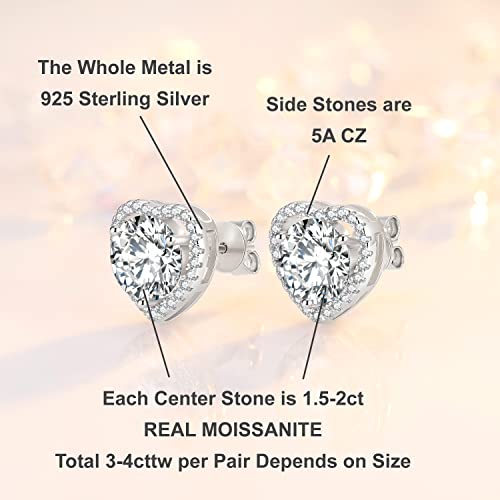 3-4ct Moissanite Stud Earrings for Women - Halo Heart 925 Sterling Silver D Color Ideal Cut Lab Created Diamond Earrings with Certificate of Authenticity (3CT)