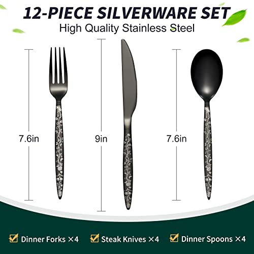 Xingjiake 12-piece Black Silverware Set, Flower Pattern Fancy Knife Spoons And Forks Set, Stainless Steel Flatware Cutlery Set, Serving Utensil Set With Steak Knives Fork Spoons Silverware