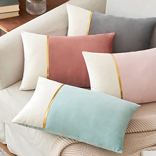 MIULEE Pack of 2 Decorative Patchwork Velvet Throw Pillow Covers with Gold Leather Square Soft Solid Pillowcases Couch Pillows Covers for Bed Sofa Living Room 12 X 20 Inch Aqua Green