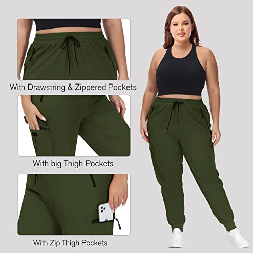 SEKINO Women's Plus Size Cargo Joggers Lightweight Quick Dry Hiking Pants Athletic Workout Outdoor Zipper Pockets Pants Army Green 1X