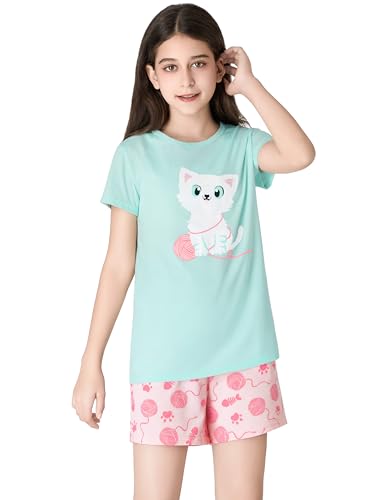 Tebbis Summer Pajamas for Little/Teen Girls – Pink & Cute Cat PJS Cute Jammies Set Size 5T