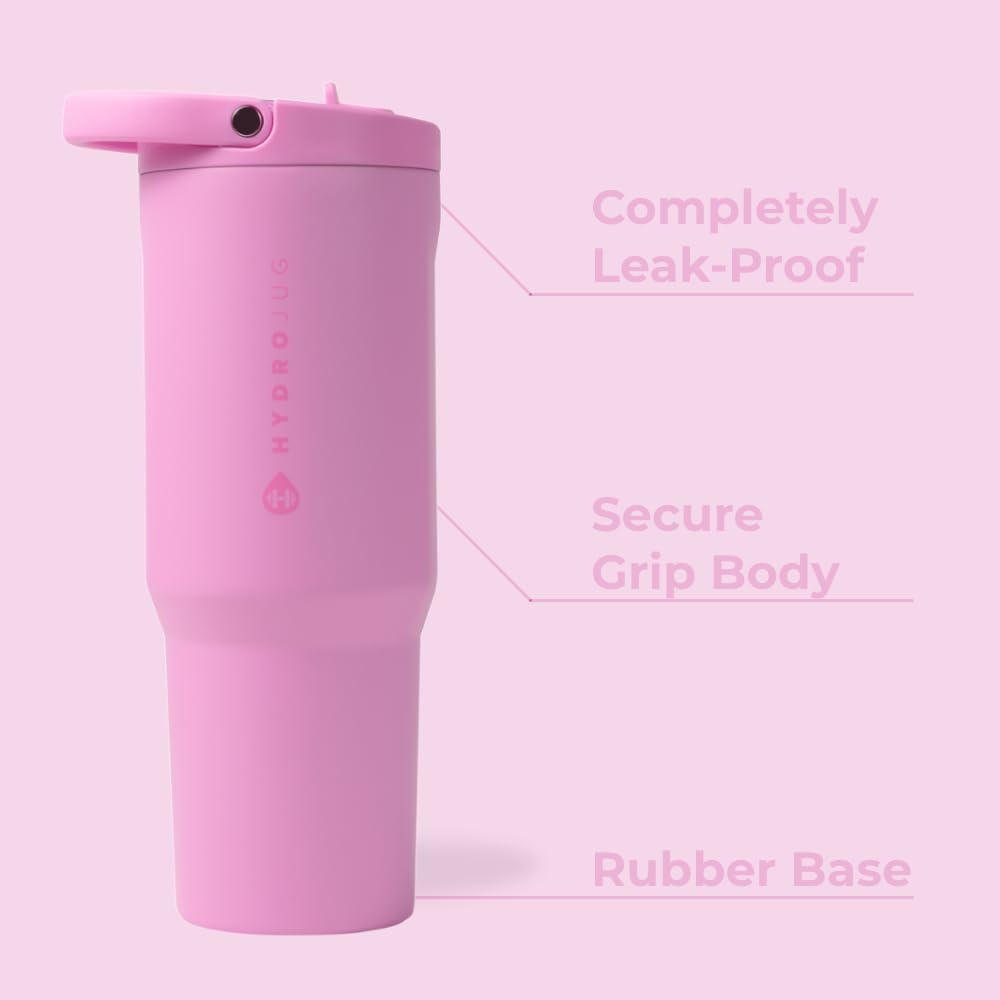 HydroJug Sport - Stainless Steel Tumbler with Straw, Vacuum Insulated, 32oz Leakproof Water Bottle, Ergonomic Design, Reusable, Dishwasher Safe, Rubber Base, Durable for Gym or Outdoors, Bubblegum