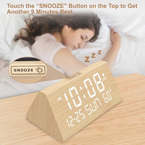 DreamSky Digital Alarm Clocks for Bedrooms - Wooden Desk Clock with Date, Day of Week, USB Port, Temperature, Dimmer for Bedside Table, Living Room, Office, Adjustable Volume, Auto DST, Wood Decor