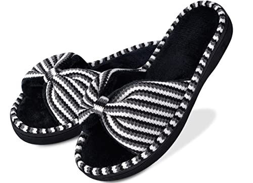 DL Women's Memory Foam Open Toe Slide Slippers with Cute Bow and Cozy Terry Lining, Slip-on House Shoes Spa Mules Sandals with Indoor Outdoor Rubber Sole