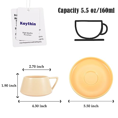 Koythin Ceramic Coffee Mug with Saucer Set, Cute Creative V-shaped Handle Cup Saucer for Office and Home, Dishwasher and Microwave Safe, 5.5 oz/160 ml for Latte Tea Milk (White)