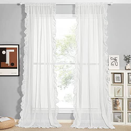 KGORGE White Linen Curtains for Living Room, Linen Blended Sheer Curtain with Shabby Chic Ruffle Trim, Farmhouse Window Curtains & Drapes for Kitchen Bedroom Bathroom, W52 x L84 inch, 2 Panels