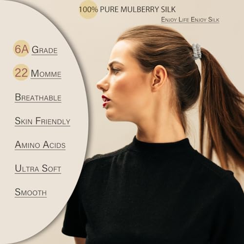 SEMRUE 22 Momme Pure Mulberry Silk Scrunchies, Silk Hair Ties Elastics for Hair Sleep, Hair Care and No Damage, 4 PCS (Black*2+Lotus Pink*2)