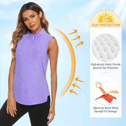 Koscacy Golf Shirt, Petite Tops for Women, Women's Sleeveless Golf Tennis Polo Shirts Zip Up Dry Fit Workout Tank Tops