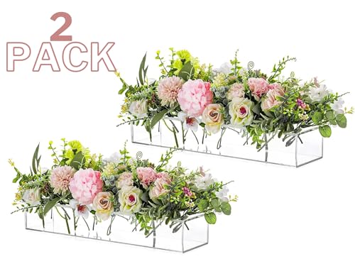E&F Modern Designs Rectangular Floral Centerpiece Vases - 2 Pack 16 Holes Acrylic Clear Vase - Decorative Rectangle Flower Holder for Wedding Centerpiece Table Decorations