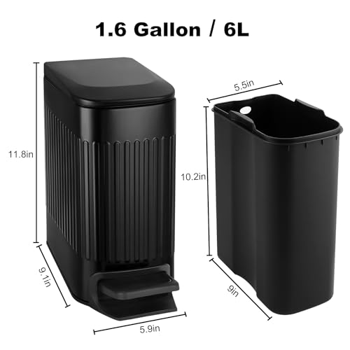 TIPGO Slim Bathroom Trash Can with Lid Soft Close, 6 Liter / 1.6 Gallon Stainless Steel Garbage Can with Removable Inner Bucket, Foot Pedal, Small Trash Cans for Bedroom, Office, Kitchen (Black)
