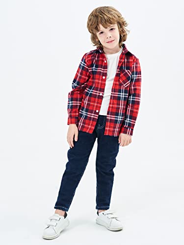 OCHENTA Big Kids Boys' Button Down Flannel Plaid Shirt Boy Long Sleeve Christmas Outfit E003 Coffee 150 7-8 Years